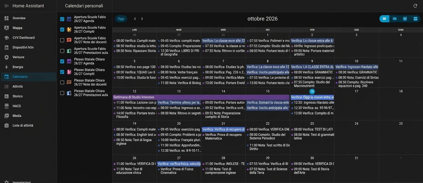 Home Assistant Calendar with events from the selected CVV Dashboard student calendars.