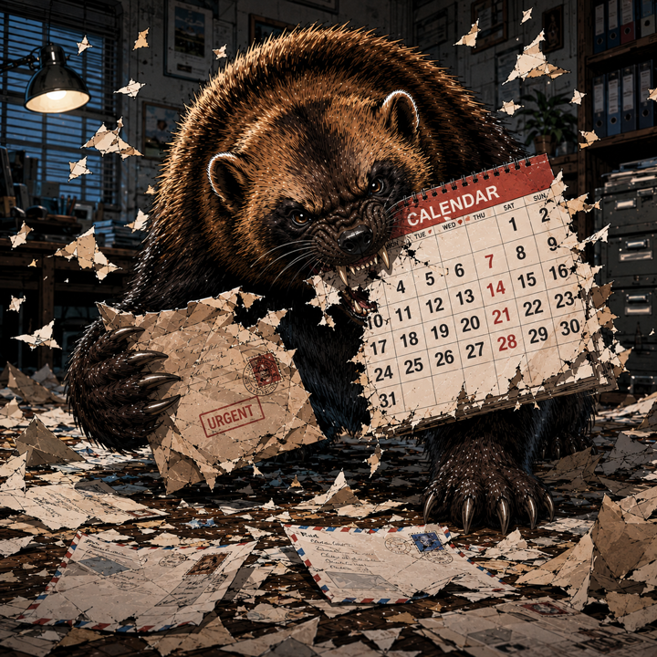 Wolverine tearing through a calendar and paper correspondence