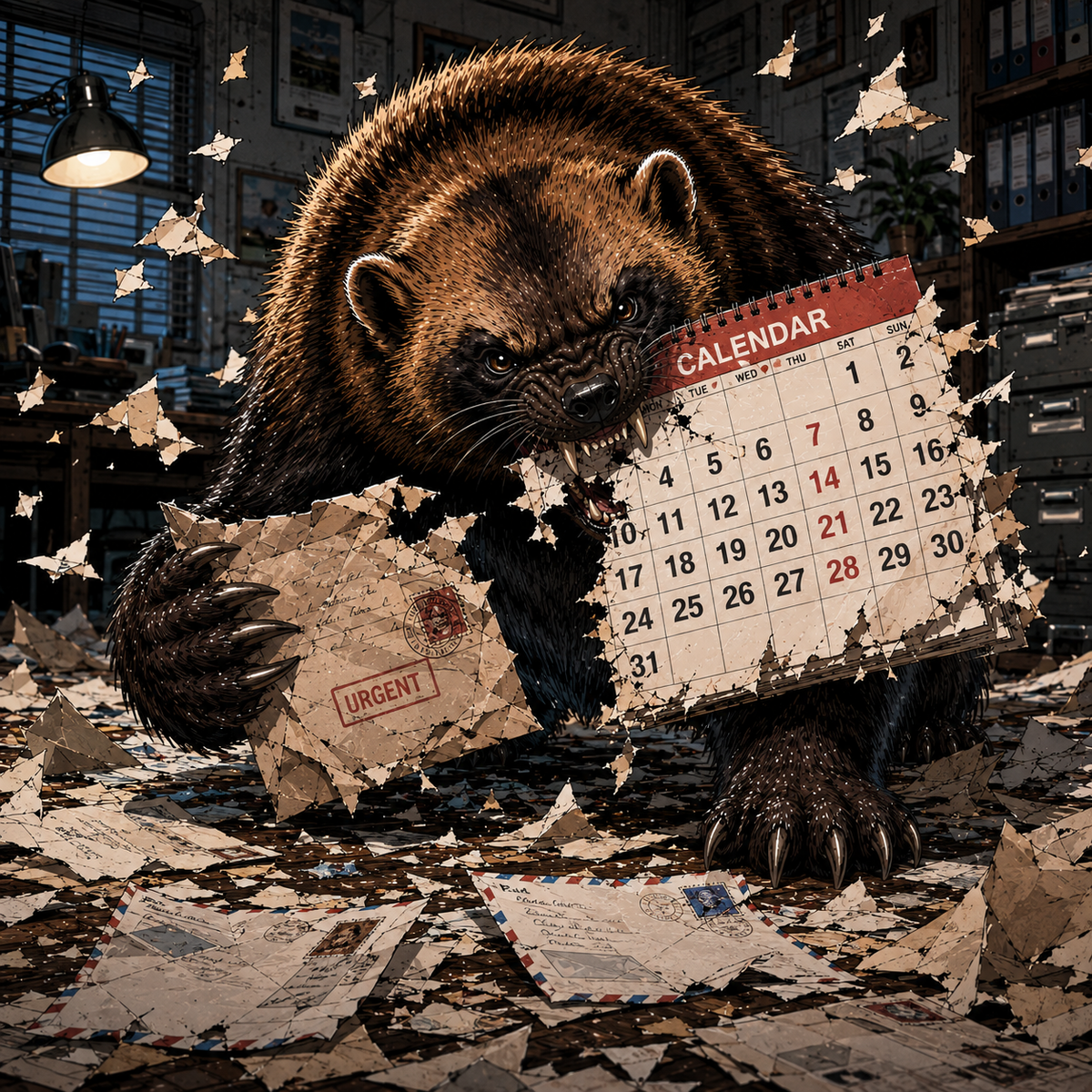 Wolverine tearing through a calendar and paper correspondence